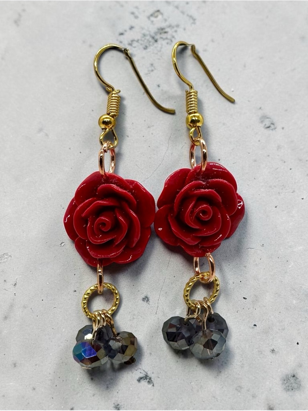 Red Rose Flower Earrings with Crystal Beads, Gold-Tone Handmade Jewelry